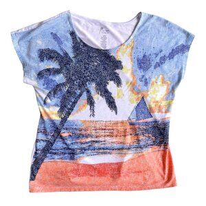 Hearts Of Palm Tee Top PM Petite Medium Embellished Palm Tree Sailboat T…